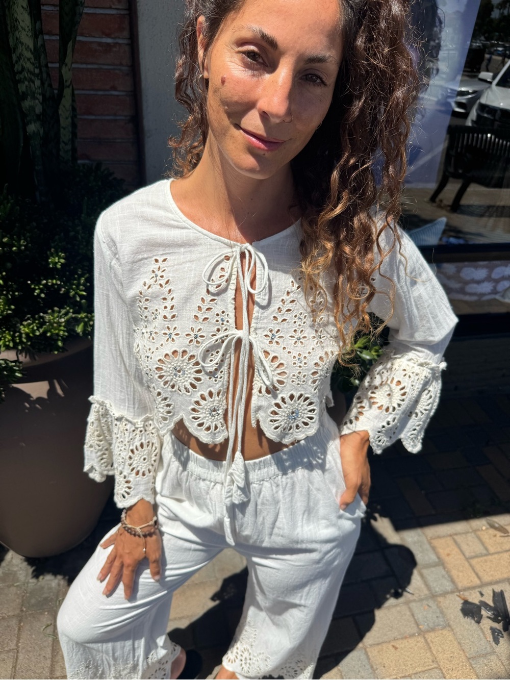 Women’s White Crochet-Tie Eyelet Top Set